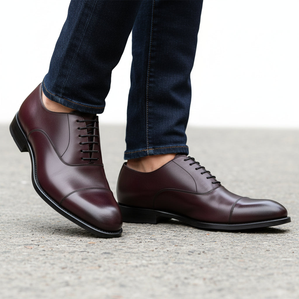 model-walking-street - Men's Dark Maroon Leather Oxford Dress Shoes