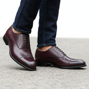 model-walking-street - Men's Dark Maroon Leather Oxford Dress Shoes