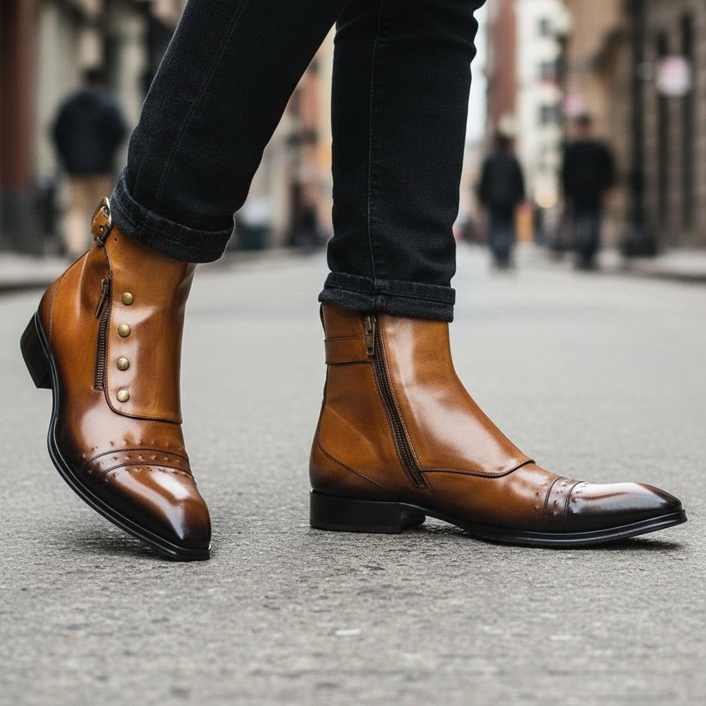 Men's Dark Tan Leather High Ankle Strap Boots - model-walking-street