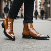 Men's Dark Tan Leather High Ankle Strap Boots - model-walking-street