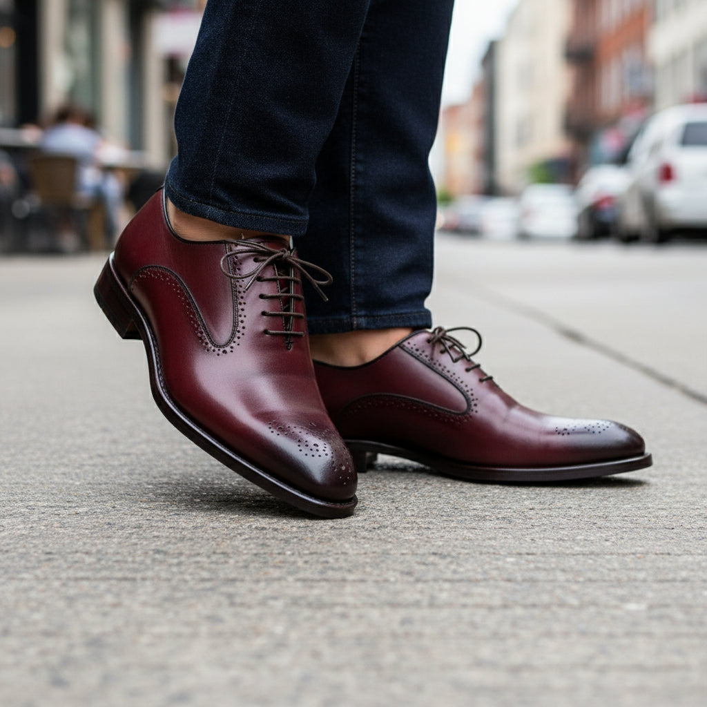 Men's Burgundy Brogue Leather Dress Shoes - model-walking-street