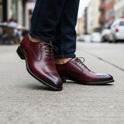 Men's Burgundy Brogue Leather Dress Shoes - model-walking-street