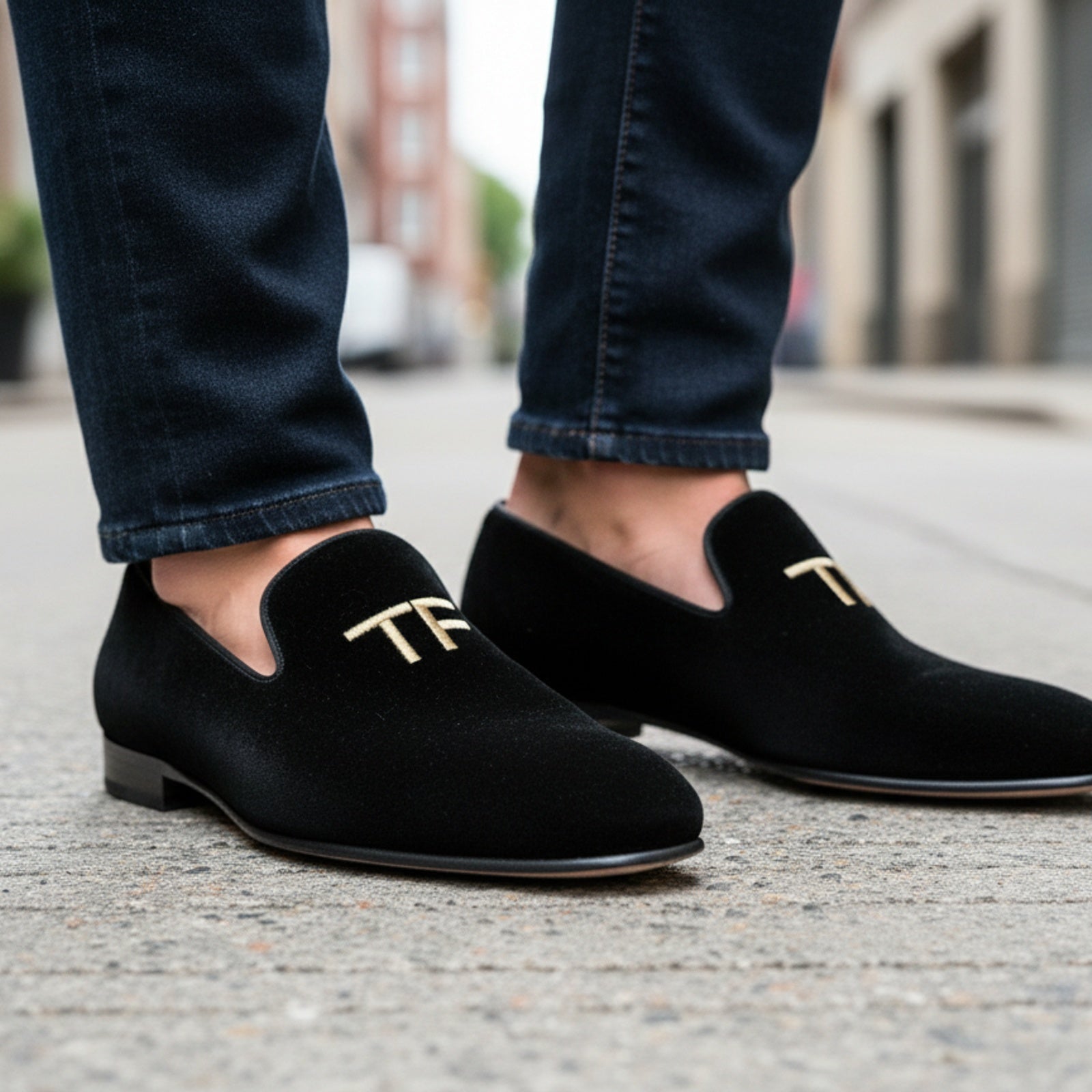 model-walking-street - Men's Embroidered Velvet Leather Slippers