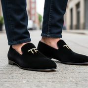 model-walking-street - Men's Embroidered Velvet Leather Slippers