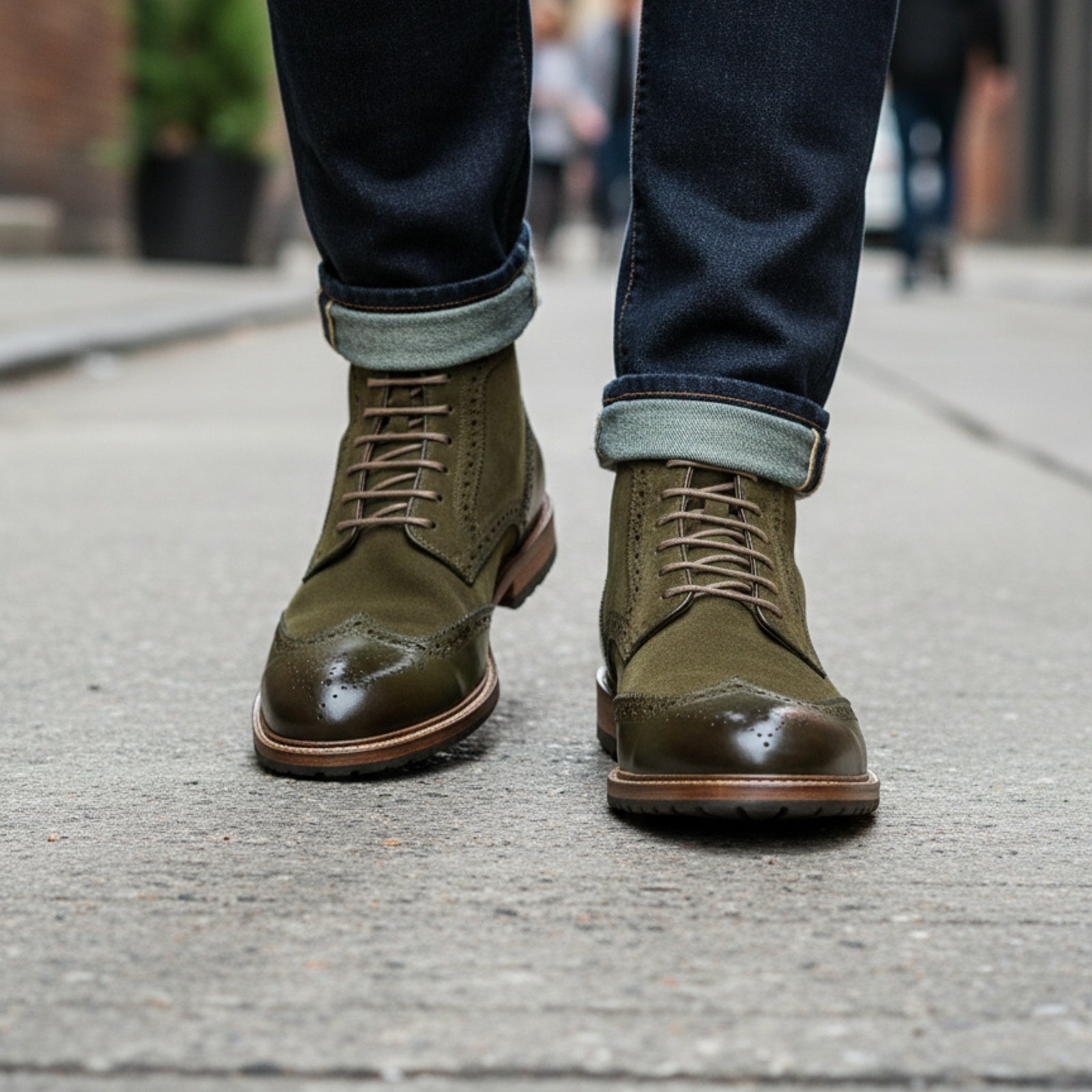 model-walking-street - Men's Full Grain Leather Brogue Boots