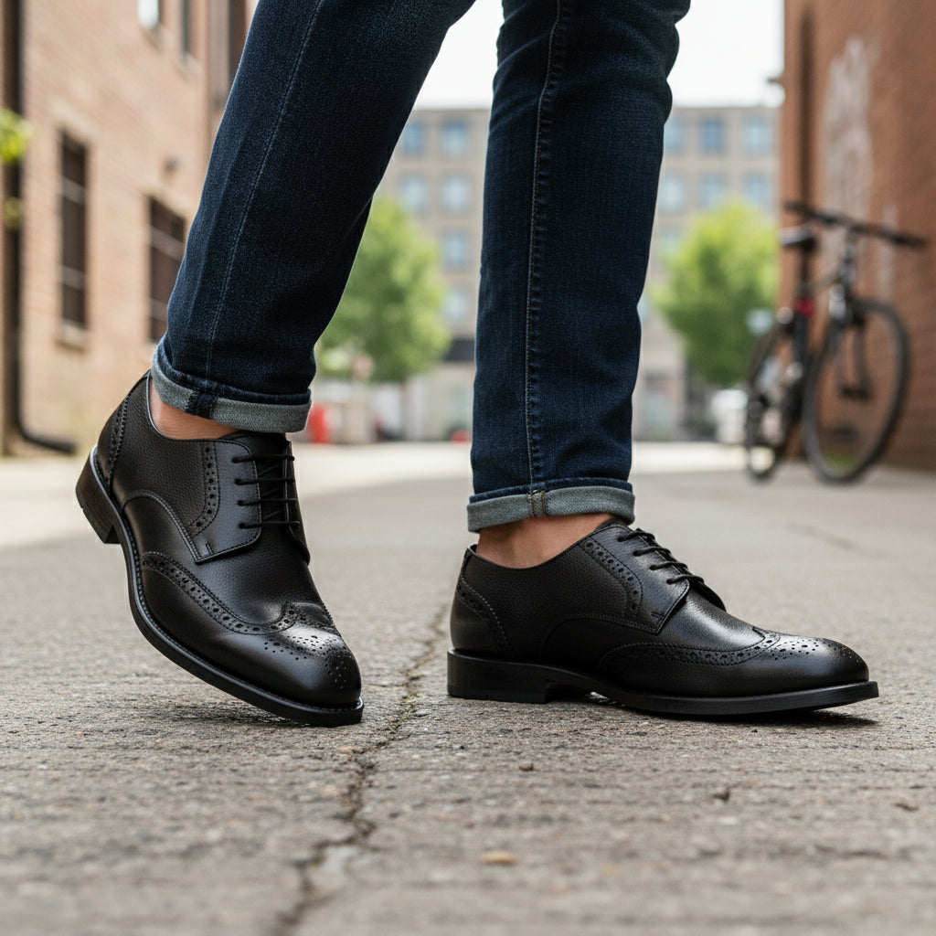 model-walking-street - Men's Full Grain Leather Brogue Dress Shoes
