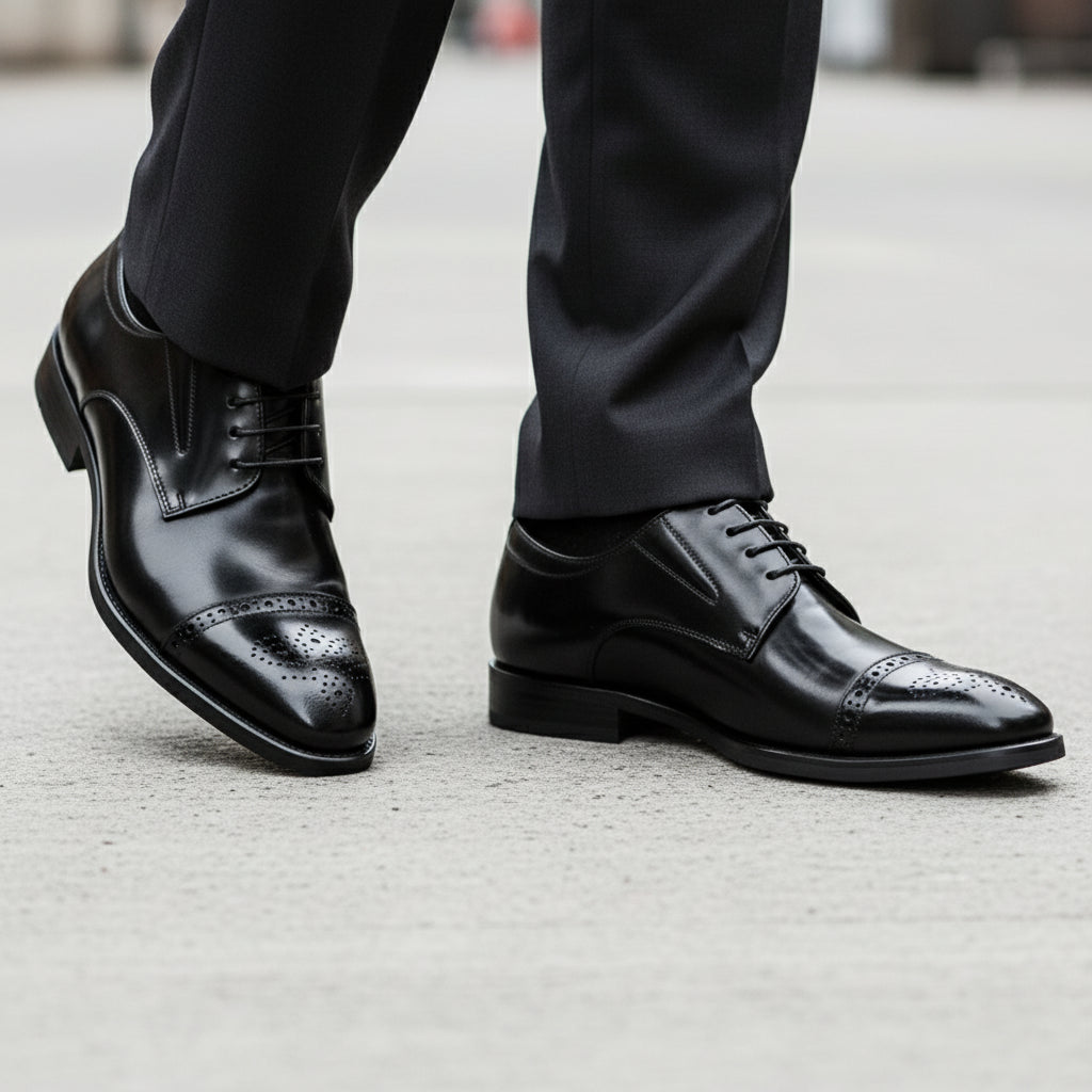 model-walking-street - Men's Full Grain Leather Brogue Dress Shoes