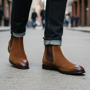 model-walking-street - Men's Full Grain Leather Casual Chelsea Boots