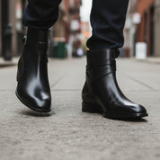 model-walking-street - Men's Full Grain Leather Classic Dress Boots