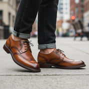 model-walking-street - Men's Full-Grain Leather Classic Dress Shoes