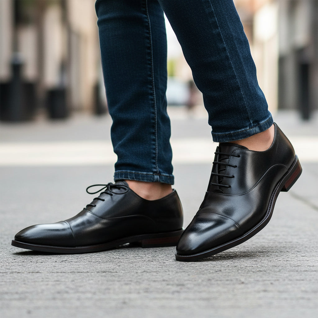 model-walking-street - Men's Full Grain Leather Formal Dress Shoes