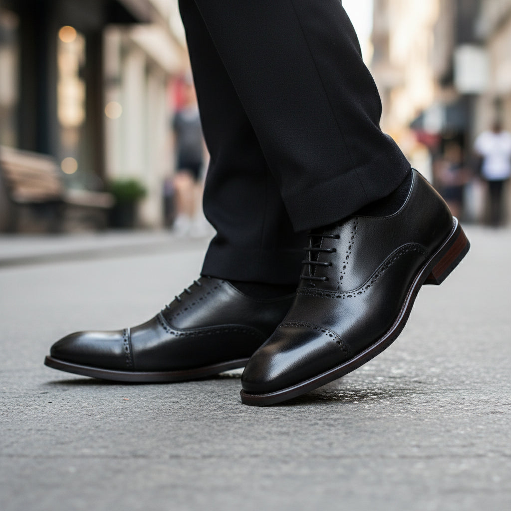 model-walking-street - Men's Full Grain Leather Oxford Dress Shoes