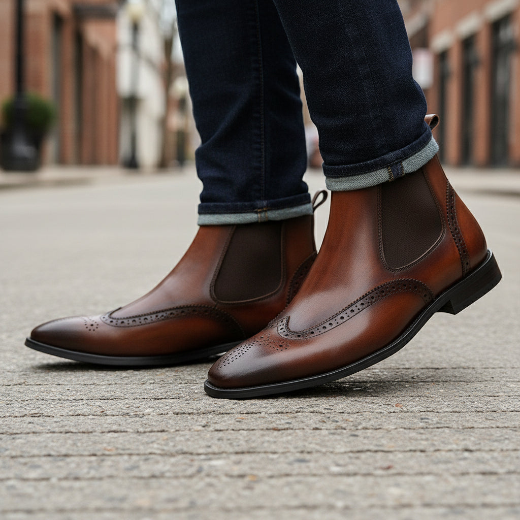 model-walking-street - Men's Full Grain Leather Wingtip Chelsea Boots