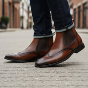 model-walking-street - Men's Full Grain Leather Wingtip Chelsea Boots