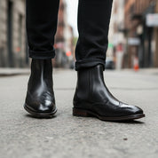 model-walking-street - Men's Full Grain Leather Wingtip Chelsea Boots