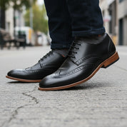 model-walking-street - Men's Full Grain Leather Wingtip Dress Shoes