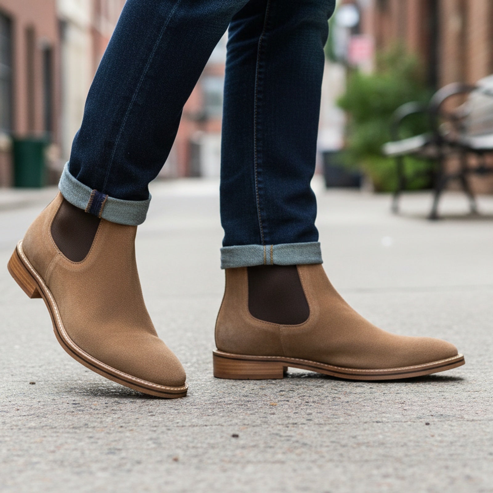 model-walking-street - Men's Full Grain Suede Chelsea Boots with Classic Design
