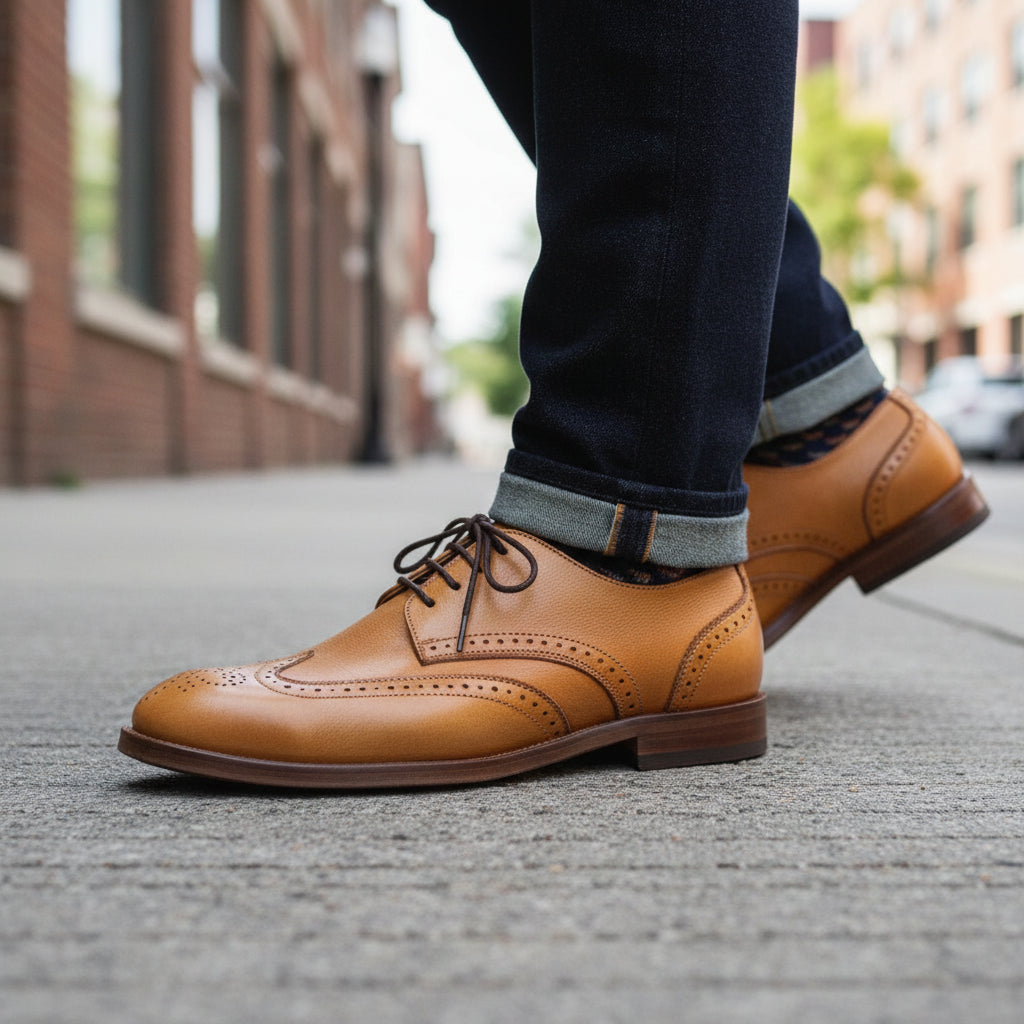 model-walking-street - Men's Genuine Leather Derby Shoes with Brogue Detailing