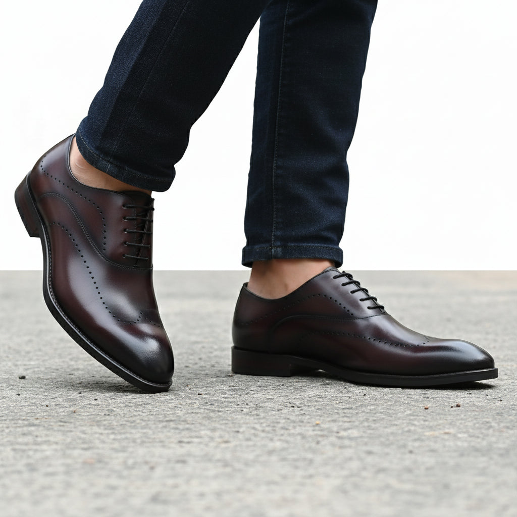 model-walking-street - Men's Genuine Leather Dress Shoes