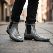Men's Gray Crocodile Embossed Chelsea Leather Boots - model-walking-street