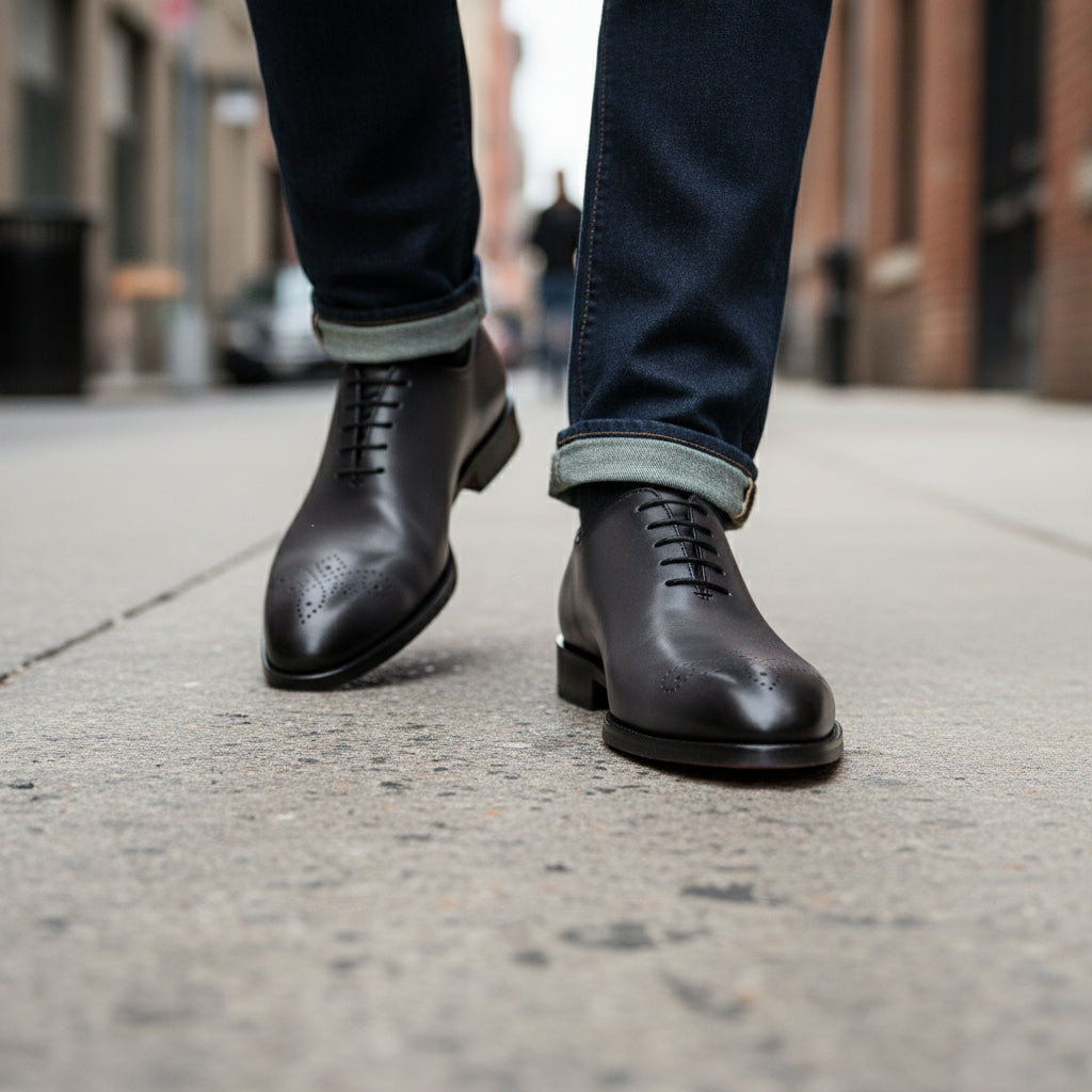 model-walking-street - Men's Gray Leather Whole Cut Oxford Dress Shoes
