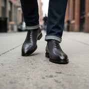 model-walking-street - Men's Gray Leather Whole Cut Oxford Dress Shoes