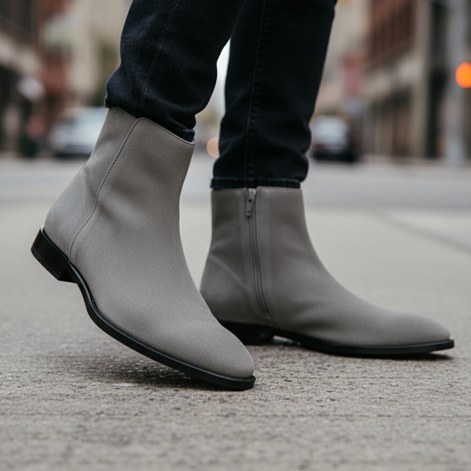 model-walking-street - Men's Gray Suede Ankle Boots