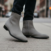 model-walking-street - Men's Gray Suede Ankle Boots