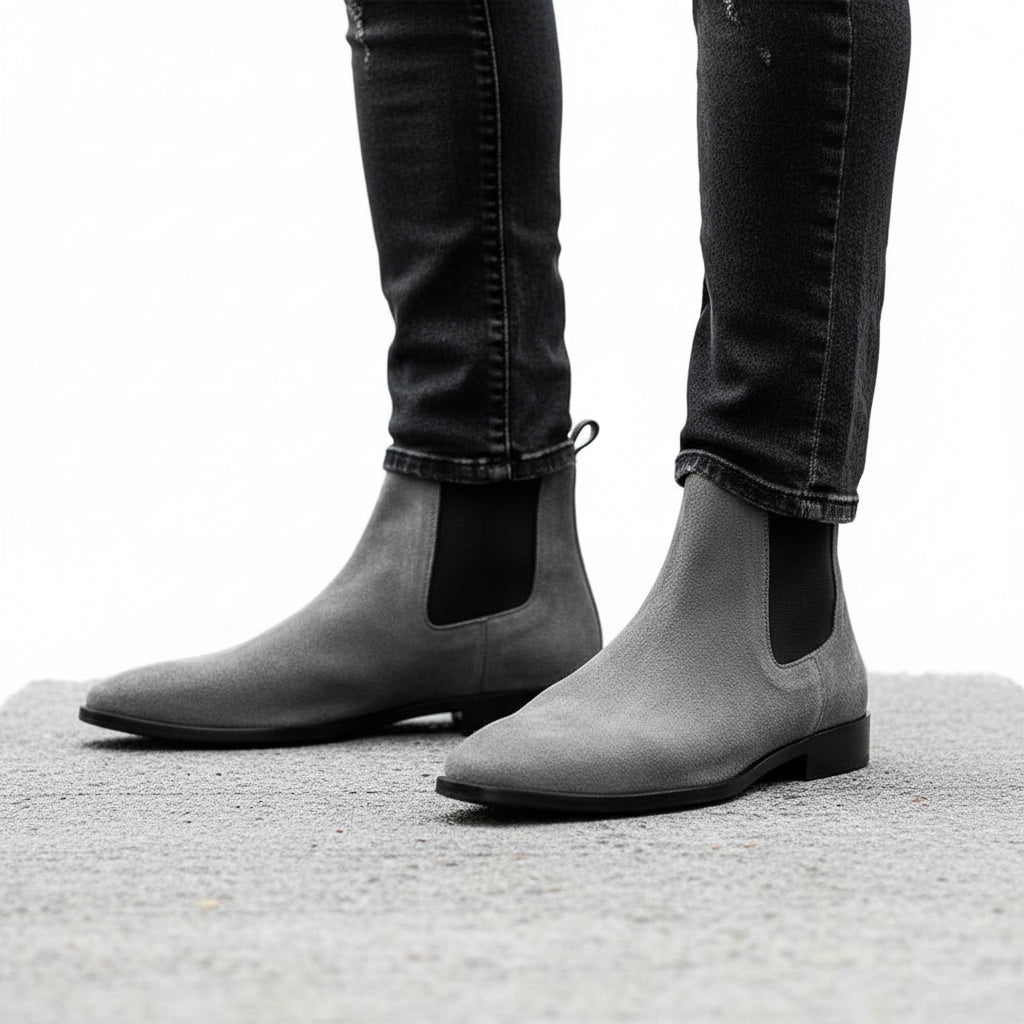 Men's Gray Suede Chelsea Boots - model-walking-street