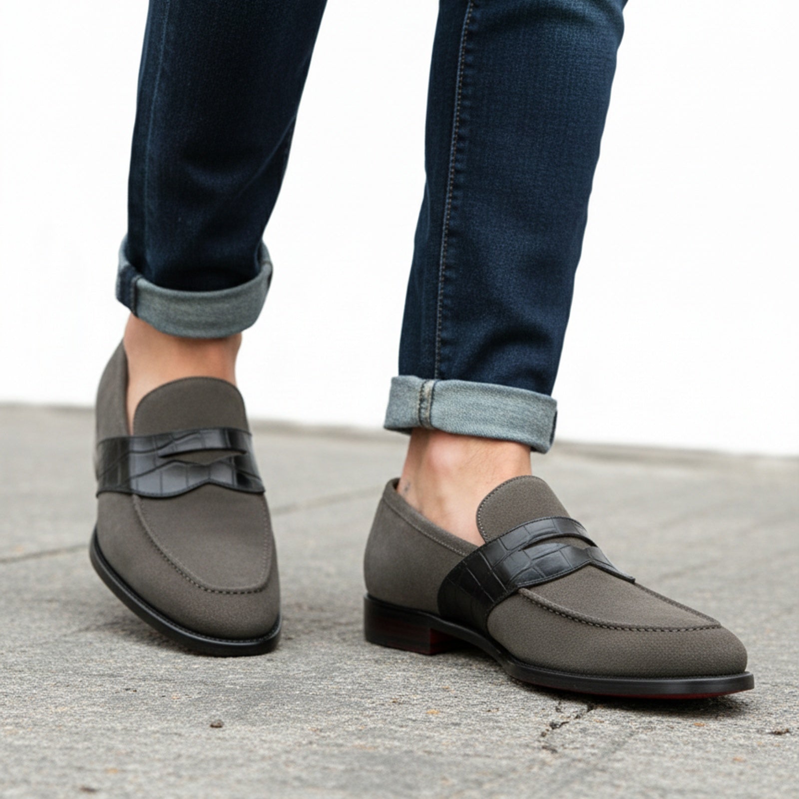 model-walking-street - Men's Gray Suede Moccasin Loafers