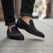 model-walking-street - Men's Gray Suede Moccasins