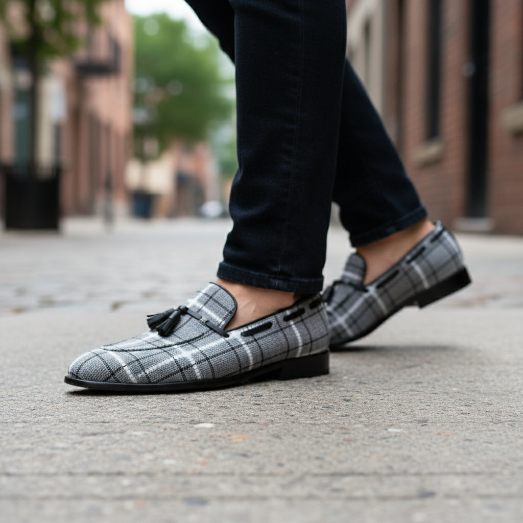 model-walking-street - Men's Gray Tweed Fabric Loafers with Tassel Detail