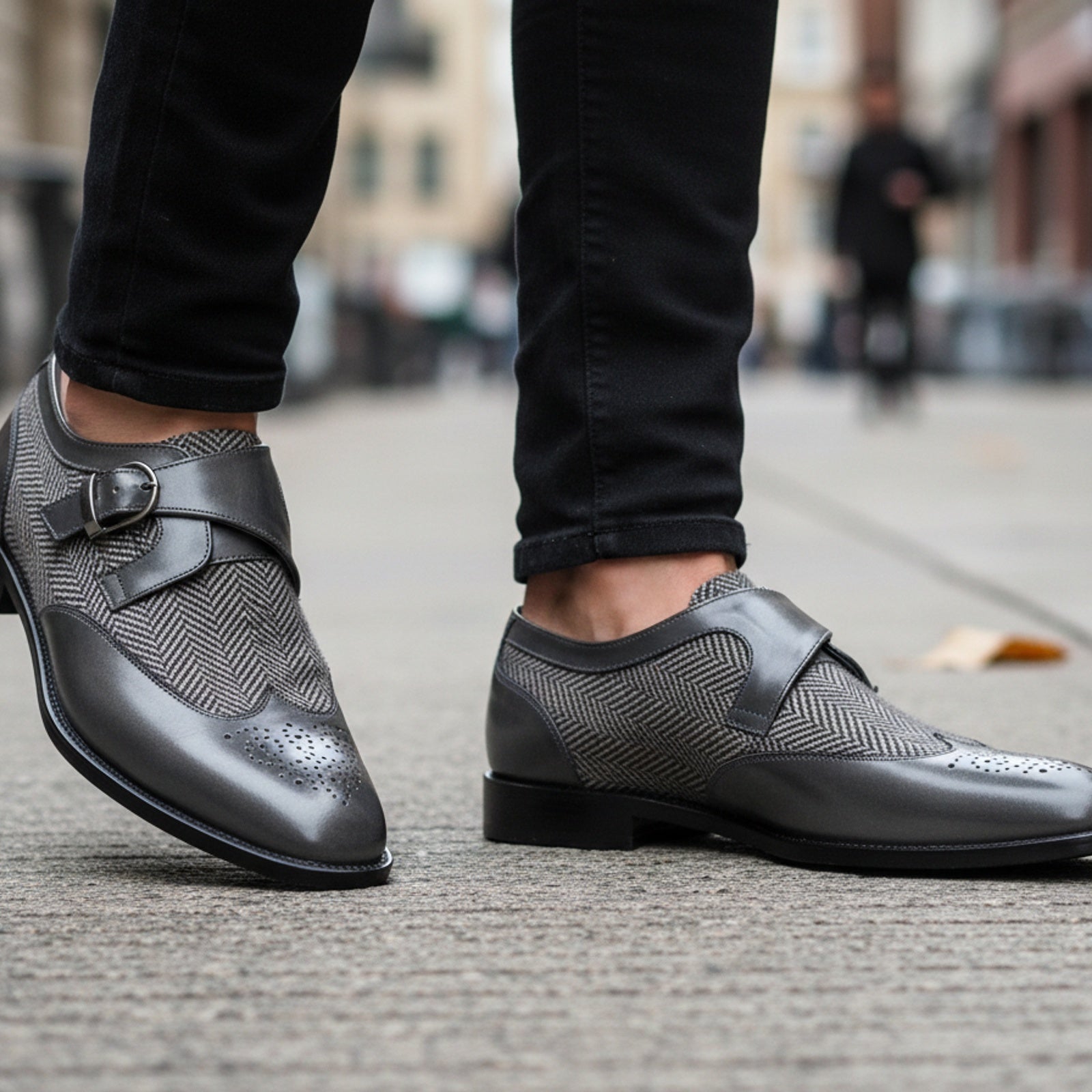 Men's Gray Wing Tip Monk Leather Shoes - model-walking-street
