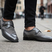 Men's Gray Wing Tip Monk Leather Shoes - model-walking-street