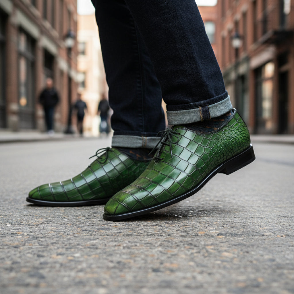 model-walking-street - Men's Green Leather Dress Shoes