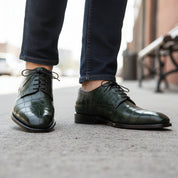 model-walking-street - Men's Green Leather Lace-Up Dress Shoes