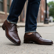 Men's Dark Brown Leather Oxford Dress Shoes - model-walking-street