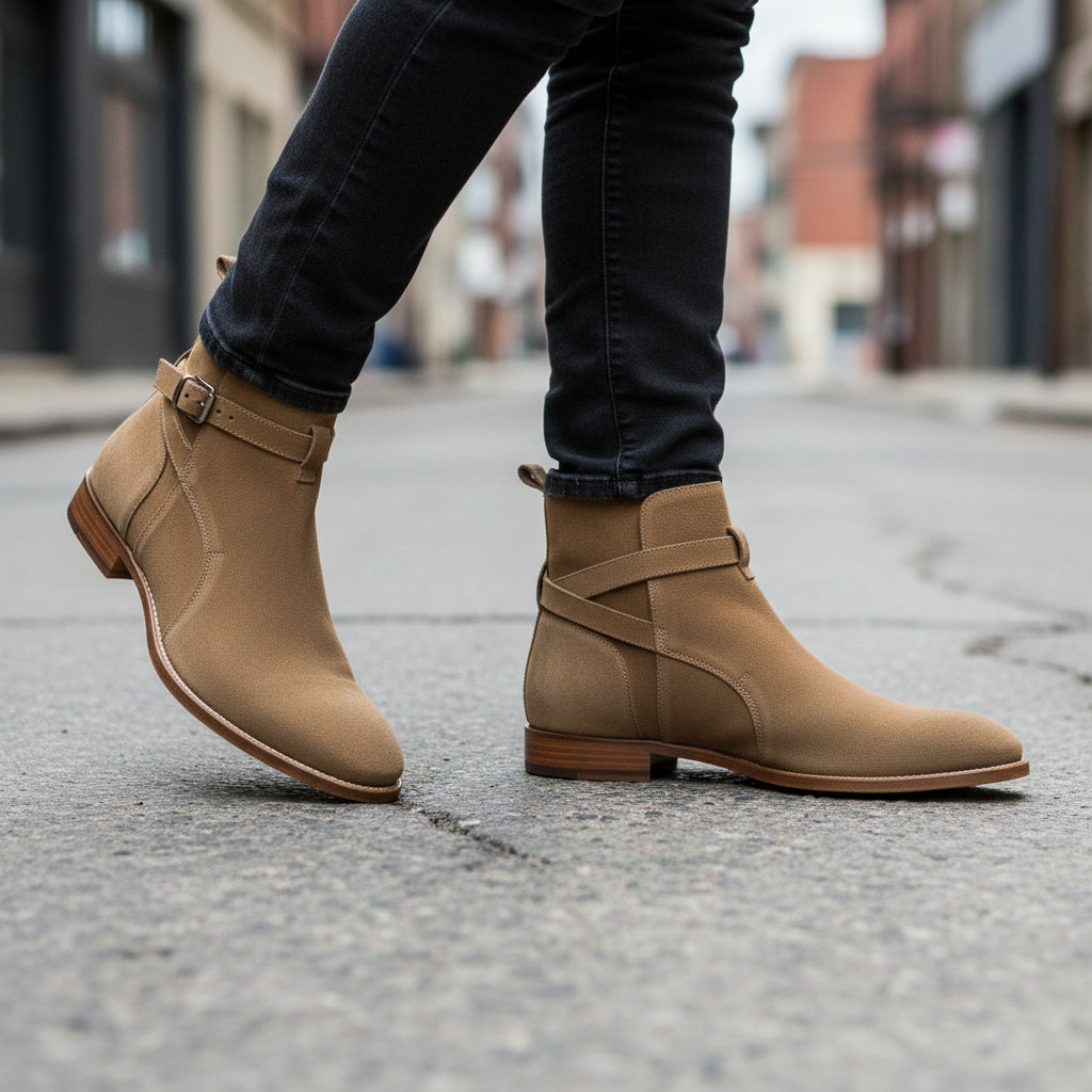 model-walking-street - Men's Handmade Beige Suede Jodhpur Ankle Boot with Leather Sole