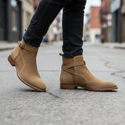model-walking-street - Men's Handmade Beige Suede Jodhpur Ankle Boot with Leather Sole