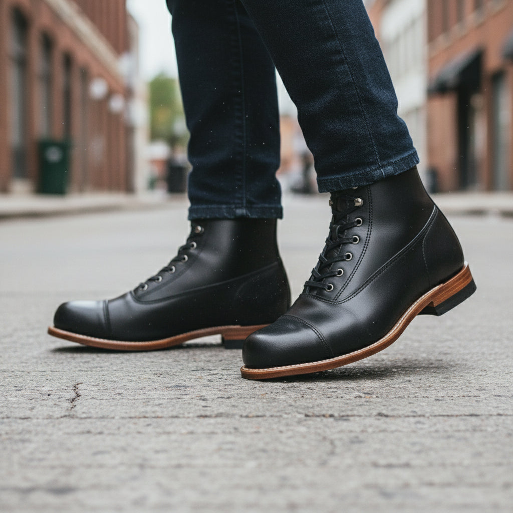model-walking-street - Men's Handmade Black Leather Ankle Boot with Handcrafted Detailing