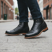 model-walking-street - Men's Handmade Black Leather Ankle Boot with Handcrafted Detailing