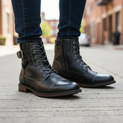 model-walking-street - Men's Handmade Black Leather Classic Boots with Customization Options