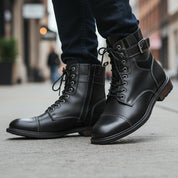 model-walking-street - Men's Handmade Black Leather Classic Boots with Customization Options