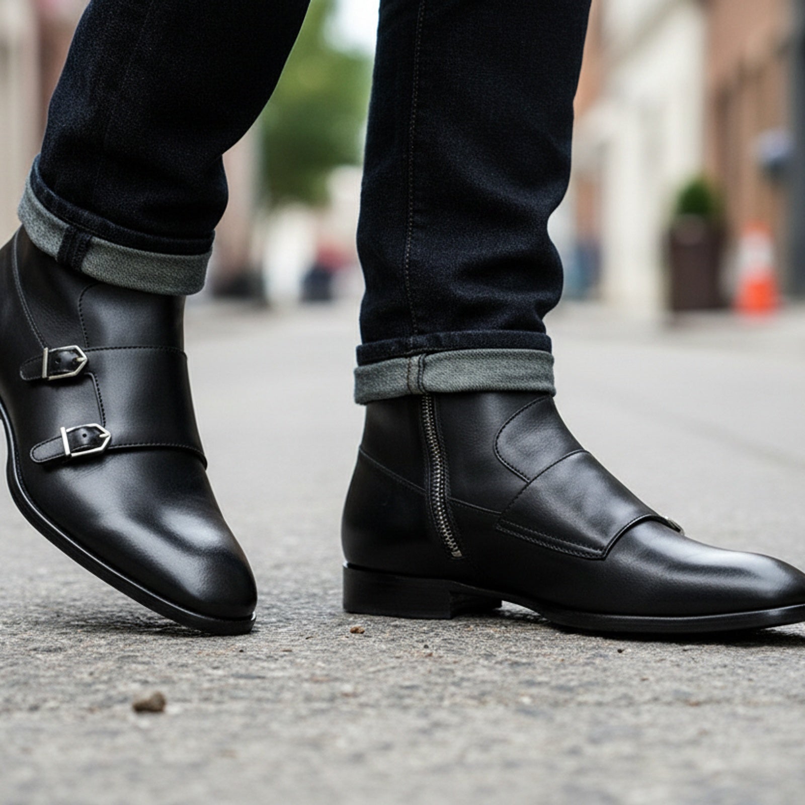 model-walking-street - Men's Handmade Black Leather Double Monk Ankle Boots with Side Zipper