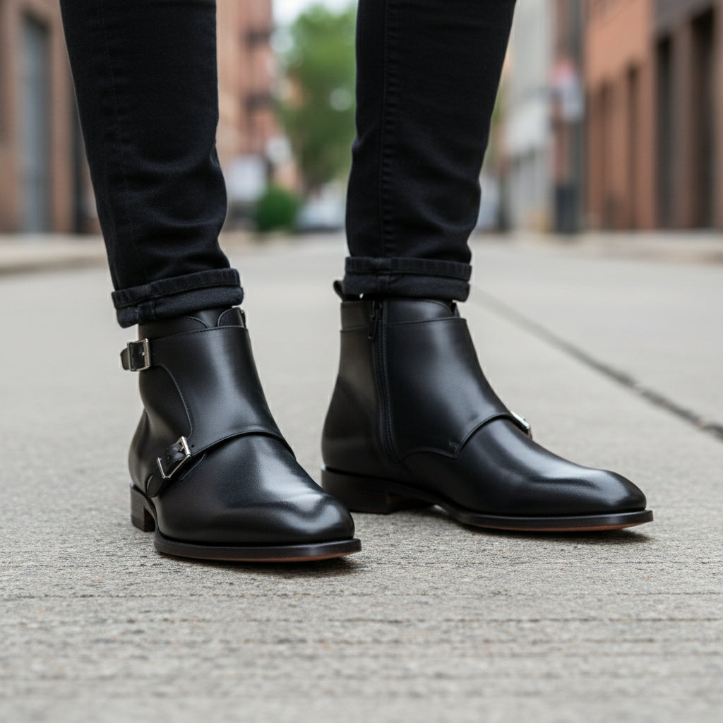 model-walking-street - Men's Handmade Black Leather Double Monk Boots with Artisan Features