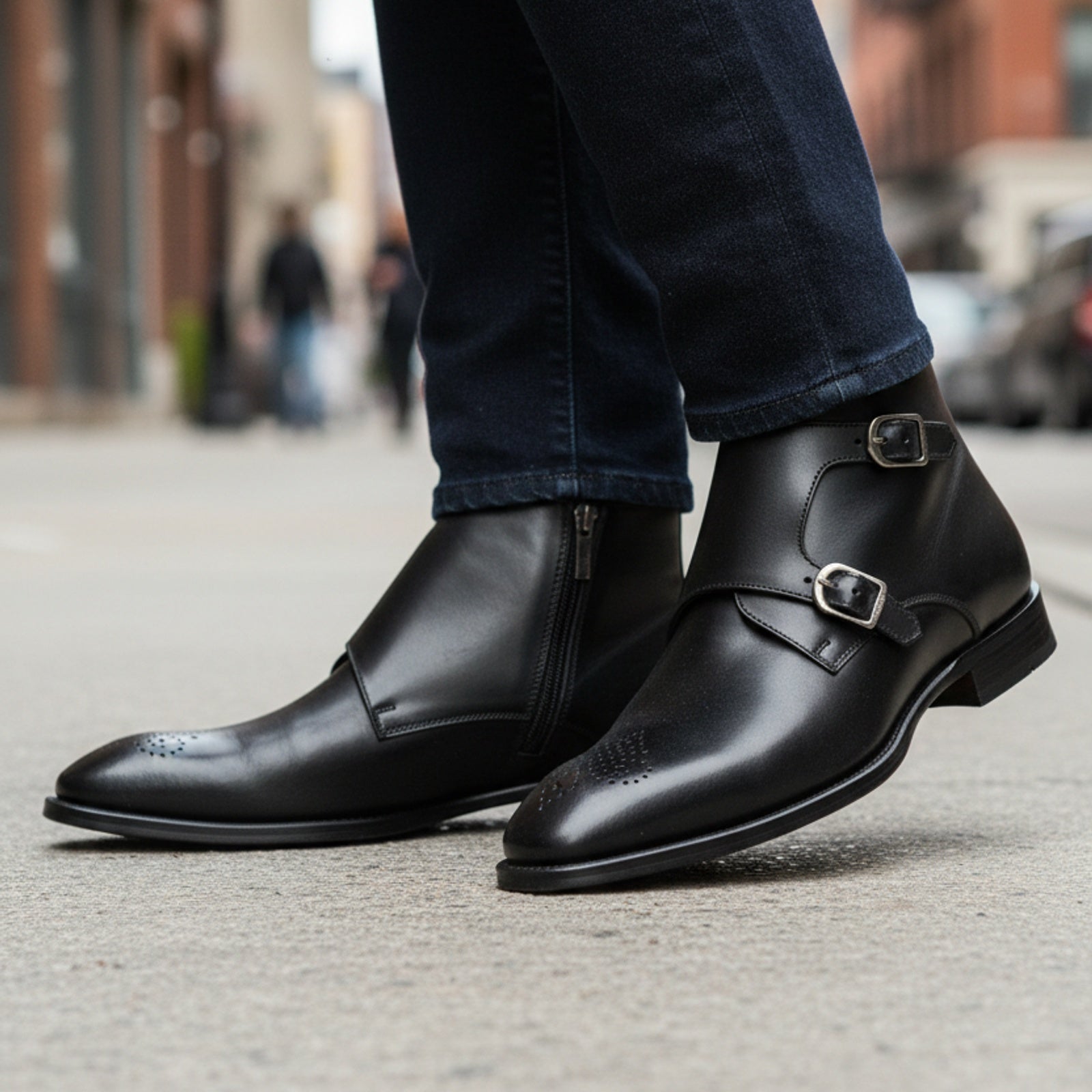 model-walking-street - Men's Handmade Black Leather Double Monk Boots with Premium Craftsmanship