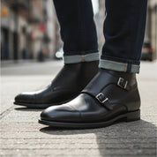 model-walking-street - Men's Handmade Black Leather Double Monk Strap Boots