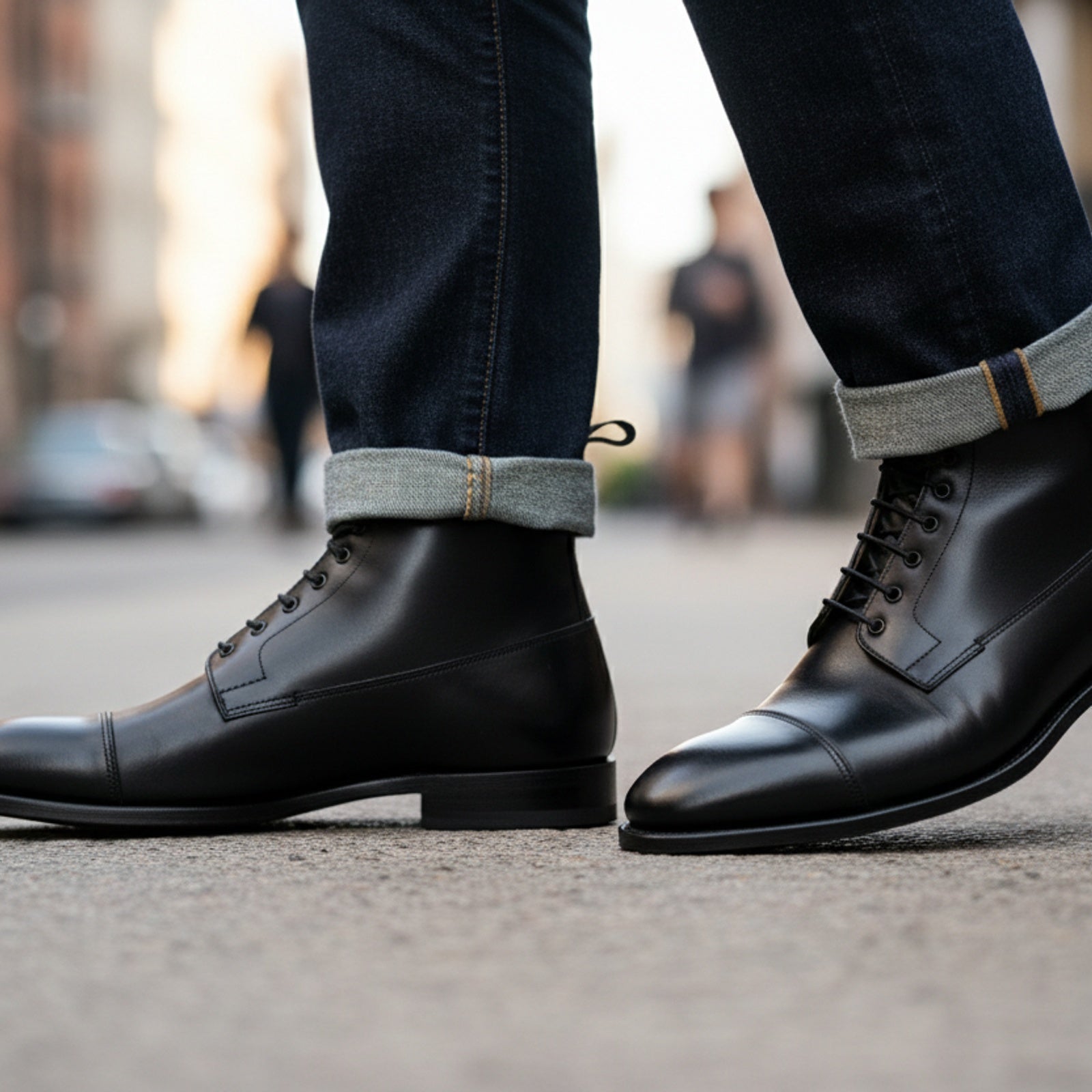 model-walking-street - Men's Handmade Black Leather Dress Boots with Custom Features