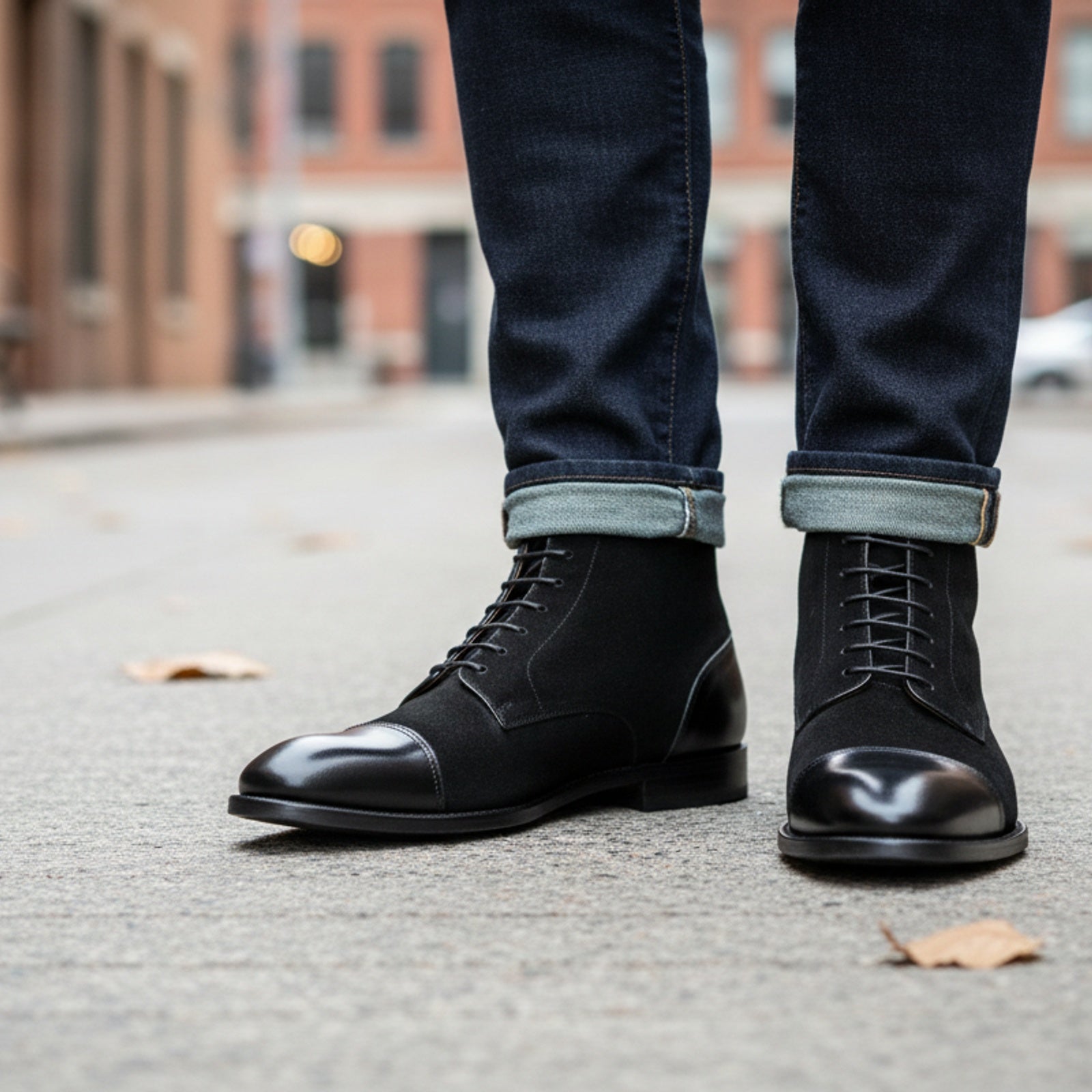 model-walking-street - Men's Handmade Black Leather Oxford Ankle Boots with Dress Design