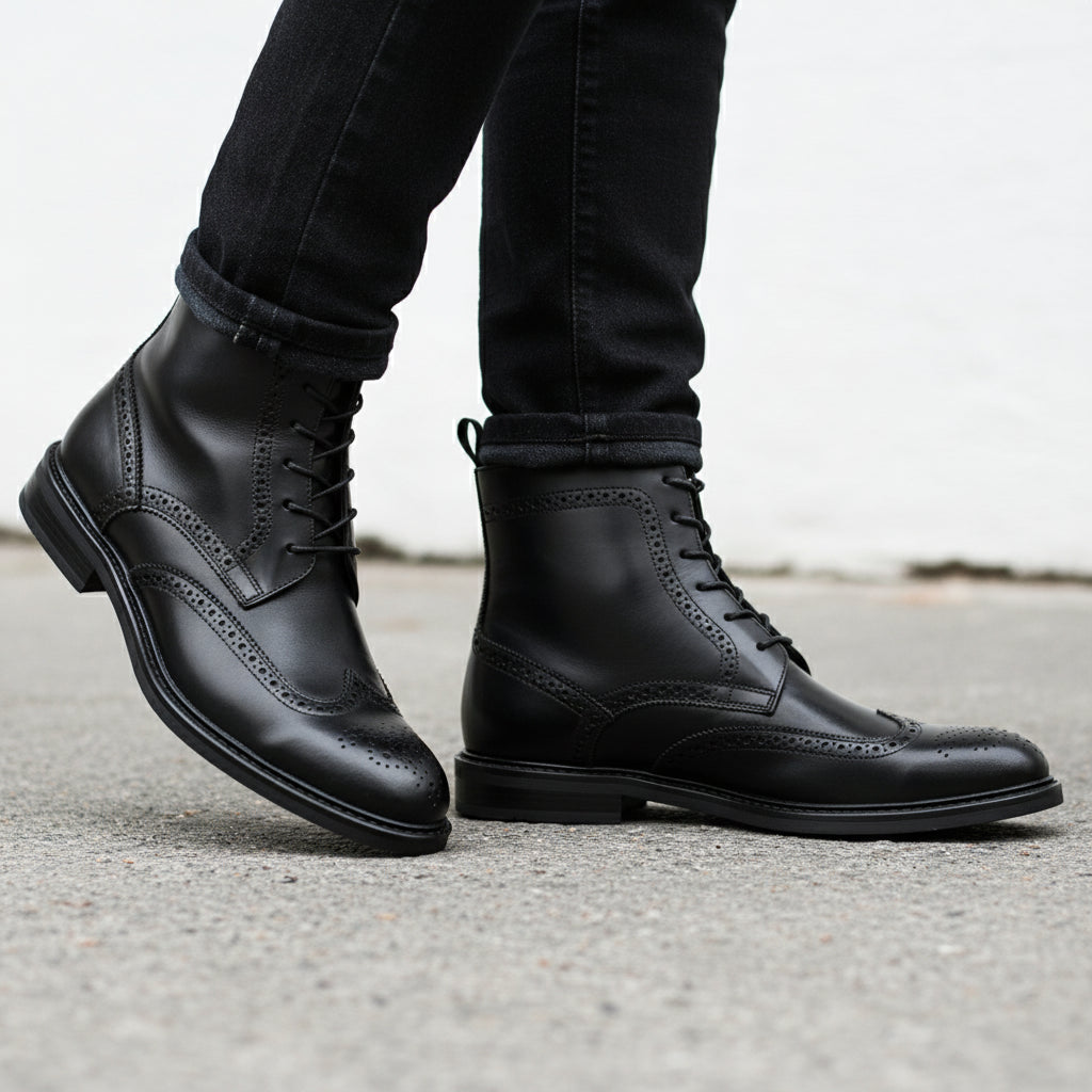 model-walking-street - Men's Handmade Black Leather Wingtip Brogue Ankle Boots